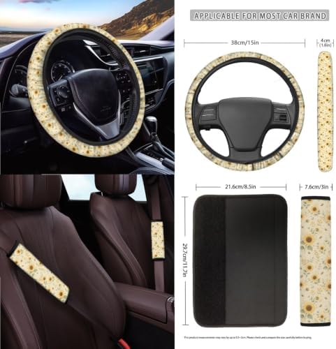 15Pcs Car Seat Cover Full Set Car Steering Wheel Cover Seat Belt Cover Trash Bin Air Vent Storage Box Front Rear View Mirror Car Cup Holder Keychain, Vintage Sunflower Floral