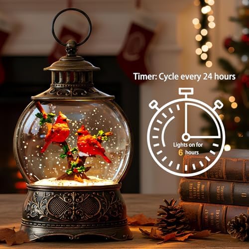 Christmas Snow Globes Water Lantern with Cardinal, Music & 6H Timer, USB Lined/Battery Operated Lighted Lanterns for Xmas Festival Decoration Gifts - Image 2