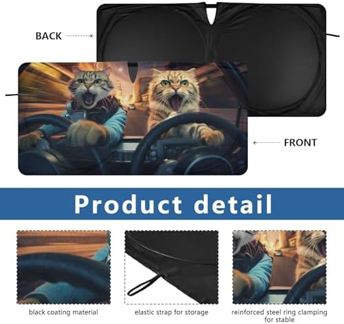 Cool Cat Animal Driving Windshield Sun Shade, Car Sunshade for Auto Truck SUV, Sun Shield that Keeps Your Vehicle Cool, Foldable, Storage Bag 59 x 30 in