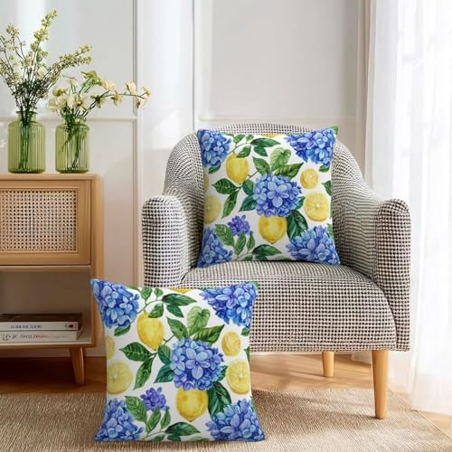 KiuLoam Summer Lemon Hydrangea Pillow Covers 22x22 Set of 2 Blue Yellow Floral Decorative Throw Pillow Covers Outdoor Farmhouse Cushion Cases for Sofa Couch Bed Living Room Decor - Image 3
