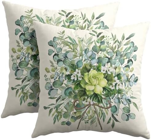 Spring Pillow Covers 16x16 Set of 2 Green Floral Throw Pillow Covers Rustic Pillowcase Linen Decoration Farmhouse Soft Decorative Summer Cushion Case Couch for Indoor Outdoor Home Decor by Trongr