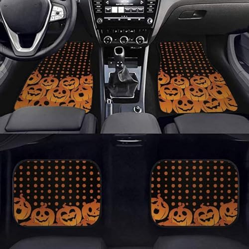 Black Yellow Polka Dot Pumpkin Print Funny Halloween Car Floor Mats 4 PCS, Cute Durable Interior Accessories for Car SUV, All Weather Floor Mats with Front Rear Trunk Liners Set for Party