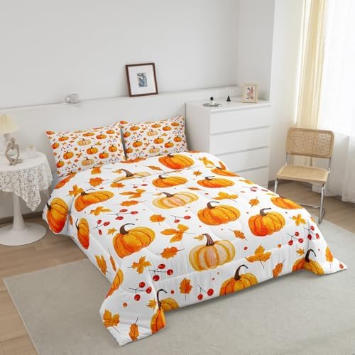 Erosebridal Fall Pumpkin Comforter Set Thanksgiving Pumpkin Decorations Bedding King Size Autumn Fall Maple Leaf Comforter Harvest Season Fruit Decor for Kids Rustic Farmhouse Bed Set 2 Pillowcases - Image 3