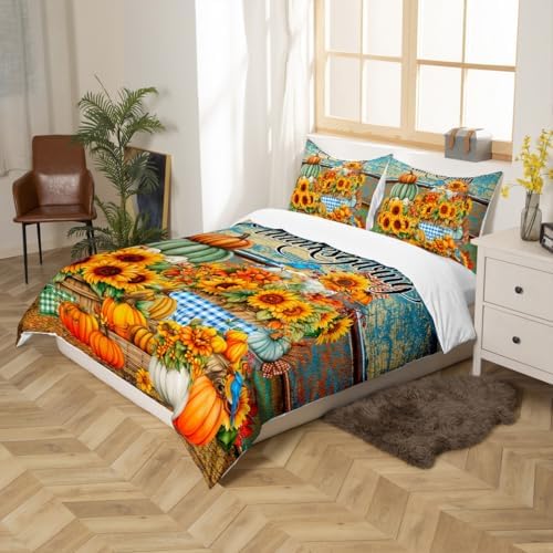 Happy Thanksgiving Kids Duvet Cover Set Full Size,Fall Sunflowers Pumpkin Bedding Set,Girls Boys Adults Room/Cabin Decor,Vintage Wooden Plank Autumn Comforter Cover,Rustic Quilt Cover,2 Pillowcases - Image 5