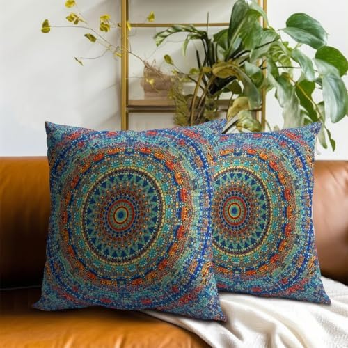 Sweetshow Bohemian Mandala Floral Throw Pillow Covers 20X20 Inches Set of 2 Boho Colorful Retro Ethnic Pillowcase Soft Cotton Square Cushion Covers for Home Sofa Patio Bedroom Decoration - Image 7