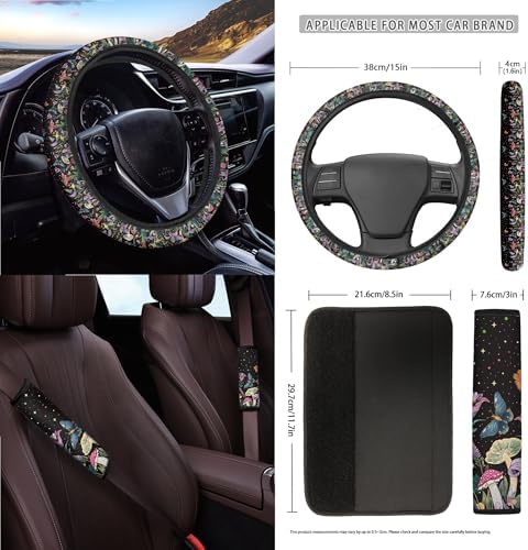 Butterfly Mushroom Floral Print 15Pcs Car Seat Cover Full Set Car Steering Wheel Cover Seat Belt Cover Trash Bin Air Vent Storage Box Front Rear View Mirror Car Cup Holder Keychain