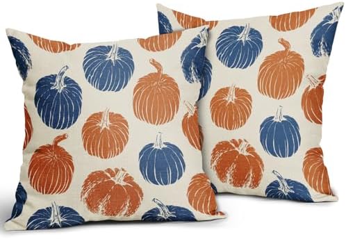 Blue Orange Pumpkin Fall Pillow Covers 20x20 Set of 2 Autumn Harvest Print Thanksgiving Decorative Throw Pillows Outdoor Farmhouse Cushion Case Seasonal Decor for Couch Sofa Bed - Image 2