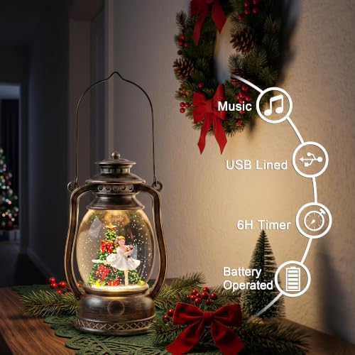 Christmas Snow Globe Lantern with LED Lighted Water Glitter, Hanging Kerosene Style Ballerina Tree Scene, Vintage Bronze Tabletop Holiday Decoration Gifts - Image 3