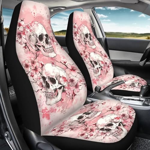 Skulls Pink Cherry Blossom Print Car Seat Covers 4Pcs Front & Rear Breathable Seat Covers Universal Fits for Truck, Sedan, SUV Auto Interior Protector Car Accessories
