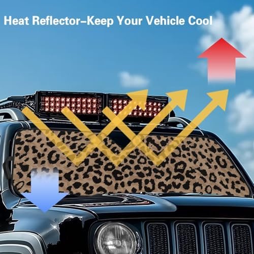 Renewold Leopard Print Automotive Front Windshield Sunshade for Jeep Wrangler Sunlight UV Rays Heat Blocker Sun Visor Shield Suitable for Jeep Gladiator JT 2020-2023 Car Accessories Interior Sun Shade