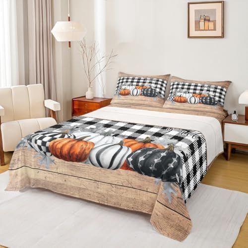 Fall Pumpkins Bed Sheets Full Rustic Farmhouse Thanksgiving Theme Beddig Set Black White Buffalo Plaid Fitted Sheet Happy Autumn Fall Sheet Set Wooden Board Flat Sheet 2 Pillow Cases Home Room Decor by Erosebridal