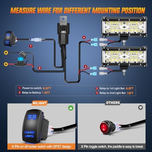 Nilight Side Shooter LED Light Bar 2PCS 7 Inch Triple Row Spot Flood Combo Lights Work Lighting with 5Pin Rocker Switch Wiring Harness Kit for Off Road Light on Truck SUV ATV UTV