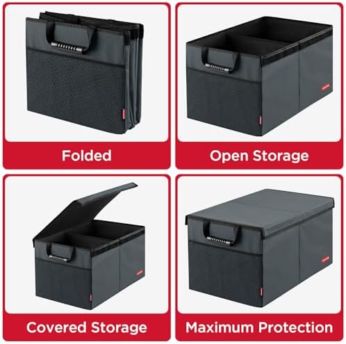 Rubbermaid Car Organizer, Collapsible Trunk Organizer, Multi-Compartment Car Storage Organization for Car Accessories, 2 Compartments With Cover, 21.65"*14.17"*12.2" - Gray