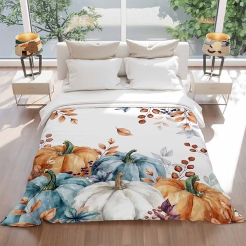 DecorLovee Orange Blue Grey Fall Blanket 30"x40", Reversible Pumpkins Throw Blanket for Couch/Bed, Botanical Thanksgiving Lightweight Soft Throw Blankets for Kids, Warm Fuzzy Blankets for Winter - Image 5