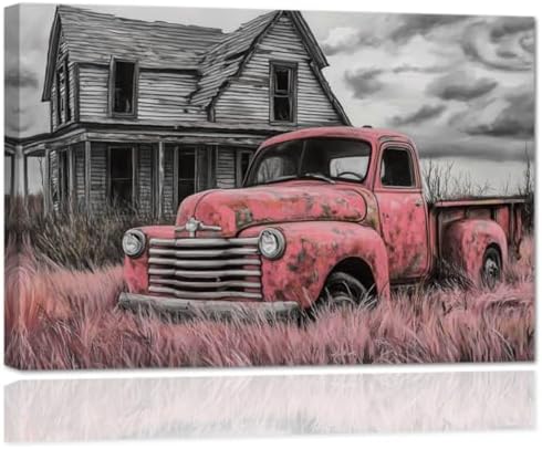 AWPANERAR Rustic Farmhouse Wall Decor Old Truck Canvas Print Car Painting Vintage Truck Poster Living Room Decor Frame (Pink, (24.00" x 36.00")) by AWPANERAR