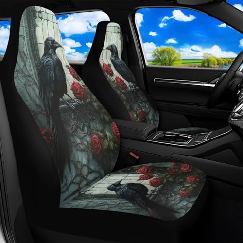 Bulopur Crow Car Seat Covers Full Set 2 Pack Waterproof Front Auto Seat Covers for Car Bucket Seats Side Air Bag Compatible Auto Interior Protector Universal for Most Cars SUV Truck