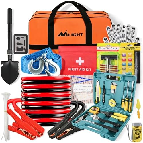 Nilight Car Emergency Kit with Jumper Cable, First Aid Kit Safety Assistance Tools for Travel Camping Outdoor Cars Truck SUV RV, Roadside Essentials with Flash Light