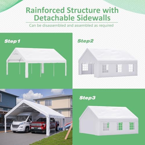 YOPTO 20x20 FT Carport Canopy Heavy Duty,Portable Garage W/Detachable Sidewalls & Mesh Windows,Car Canopy Tent W/ 2 Roll-Up Double-Zipper Doors,Outdoor Car Shed for Truck,Boat,Vehicle,White - Image 7