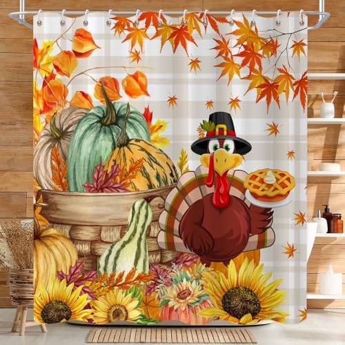 Thanksgiving Turkey Shower Curtain, Fall Autumn Harvest Pumpkins Sunflower Plaid Thanksgiving Day Bathroom Curtain Waterproof Fabric Machine Washable with Hooks, 72" Wx84 L - Image 2