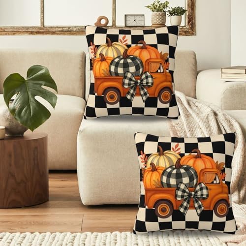 KiuLoam Vintage Fall Thanksgiving Pillow Covers 22x22 Set of 2, Orange Pumpkin Farm Truck Black Checkered Print Decorative Throw Pillow Cases for Living Room Sofa - Image 4