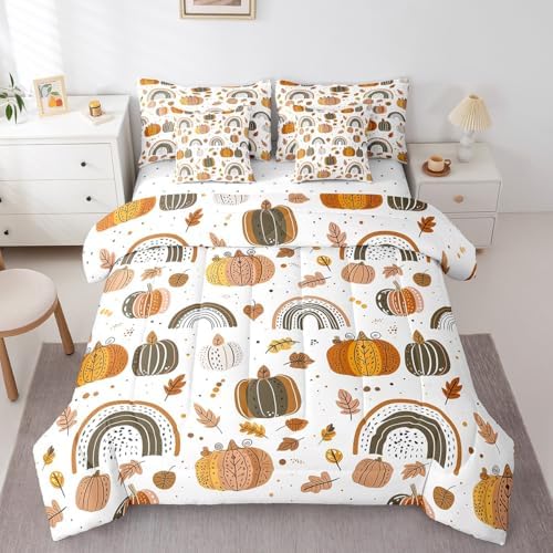 Erosebridal Kids Pumpkin Bedding Set King Fall Botanical Pumpkin Bed in A Bag 7 Piece Cartoon Boho Rainbow Comforter Set for Girls Boys,Cute Autumn Rainbow Pumpkins Sheet Set with Comforter by Erosebridal