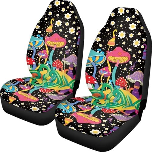 Colorful Mushroom White Floral Print 2 PCS Cool Graphic Car Seat Covers Unique Print Front Auto Seat Cover,Car Bucket Seats Protector Covers Universal fit for SUV Sedan Van