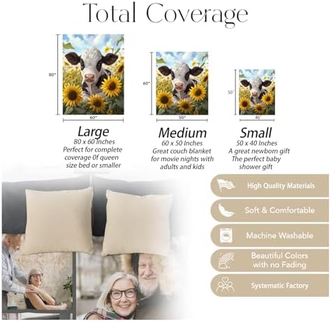 Cute Cow & Sunflower Blanket, Soft Warm Cozy Throw Gifts for Adults Kids Women, Lightweight Comfy Fuzzy Flannel Blankets for Couch, Travel, Car, Home Decor 50×40 Inch - Image 3