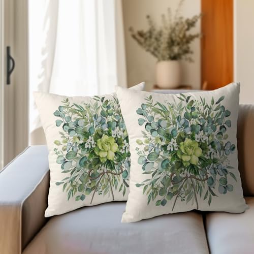 Spring Pillow Covers 18x18 Set of 2 Green Floral Throw Pillow Covers Rustic Pillowcase Linen Decoration Farmhouse Soft Decorative Summer Cushion Case Couch for Indoor Outdoor Home Decor - Image 3