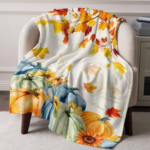 DecorLovee Fall Thanksgiving Blanket 40"x50", Reversible Blue Green Yellow Throw Blanket for Couch/Bed, Pumpkins Maple Leaf Lightweight Soft Throw Blankets for Girls, Warm Fuzzy Blankets for Winter - Image 6