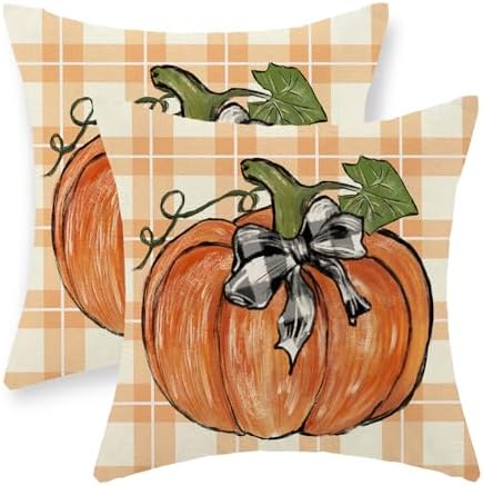 Fall Pillow Covers 20x20 Set of 2 Orange Pumpkin Leaf Buffalo Plaid Fall Decor Pillowcase Autumn Thanksgiving Decorative Outdoor Throw Pillow Covers Linen Farmhouse Cushion Case for Sofa Home by Gohdiwh