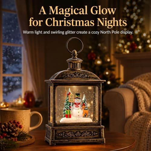 Christmas Snow Globe Lantern Water Glittering North Pole Snowman with Music & Timer, USB Lined/Battery Operated Lighted Lantern for Christmas Festival Decoration Gifts - Image 6