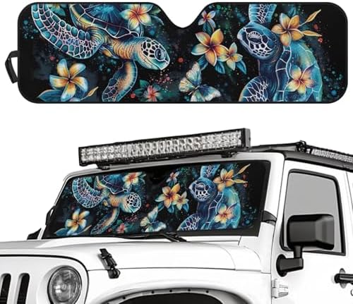 Renewold Boho Sea Turtle Flower Car Windshield Sun Shade Auto Front Window Sunshade Keep Vehicle Cool Sun Visor Shield Fit for Jeep Wrangler JK JKU JL 2/4 Door Jeep Gladiator JT Block UV Heat Sunlight