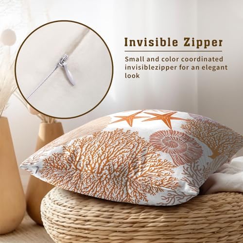 Summer Ocean Themed Nautical Coastal Throw Pillow Covers 24X24 Inches Set of 2 Orange Seashell Starfish Coral Pillowcase Soft Cotton Square Cushion Covers for Home Sofa Patio Bedroom Decoration - Image 4
