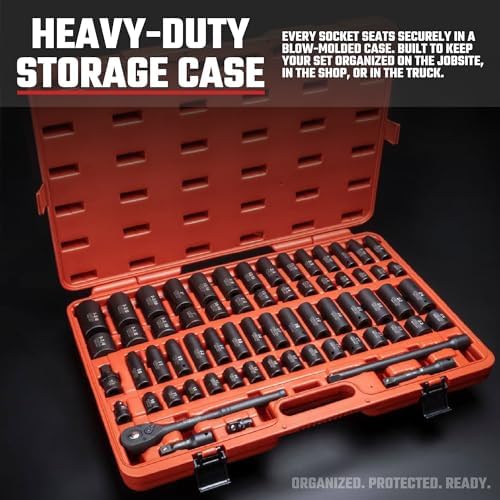 NEIKO 02448A 1/2" Drive Master Impact Socket Set, 65 Piece, Standard SAE (3/8"-1-1/4") & Metric (10-24 mm) Sizes, Deep & Shallow Kit, Includes Adapters & Ratchet Handle - Image 5