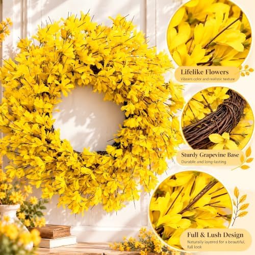 24 Inch Fall Wreath for Front Door Full Yellow Forsythia Wreath - Image 2