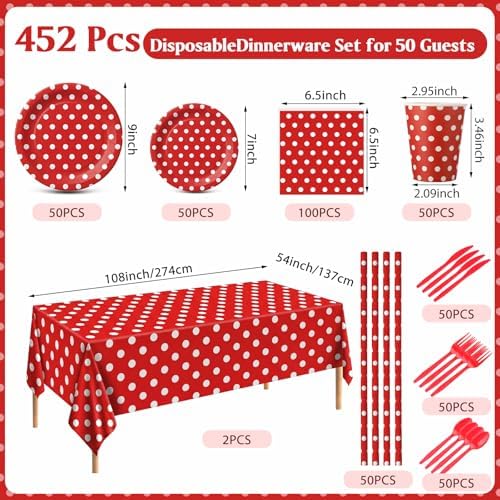 Funnymoom 452 Pcs Red Polka Dot Birthday Party Decoration for 50 Guests - Image 3