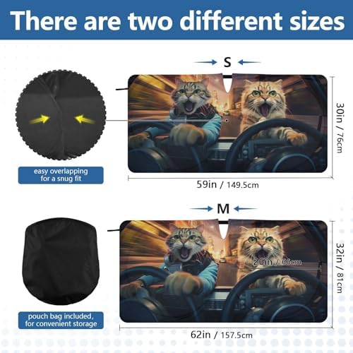 Cool Cat Animal Driving Windshield Sun Shade, Car Sunshade for Auto Truck SUV, Sun Shield that Keeps Your Vehicle Cool, Foldable, Storage Bag 59 x 30 in