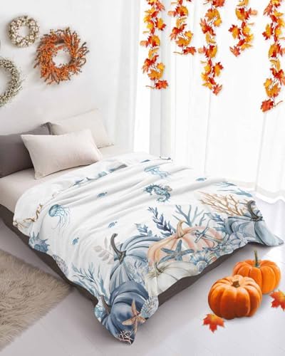 DecorLovee Blue Coastal Fall Blanket 30"x40", Reversible Pumpkins Thanksgiving Throw Blanket for Couch/Bed, Botanical Starfish Lightweight Soft Throw Blankets for Kids, Warm Fuzzy Blankets for Winter - Image 4