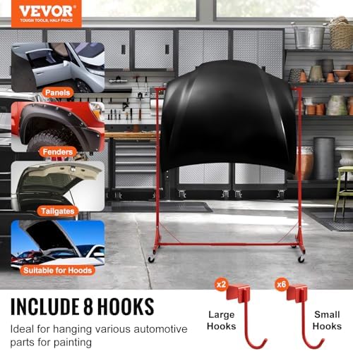 VEVOR Painting Rack, 5 ft-7 ft Adjustable Height, 66 lbs Capacity Automotive Paint Stand, 8 Hooks Drying Rack With 4 Swiveling Wheels, Auto Body Stand for Repair Shops & Garage - Image 2