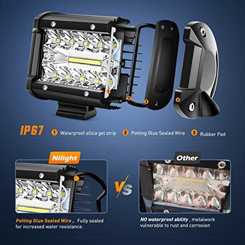 Nilight 2PC 4Inch Triple Row Lights 60W Flood Spot Combo 6000LM Bar Driving Boat Led Off Road Trucks with Adjustable Pillar Hood Mount Bracket Clamp Holder and Wiring Harness Kit