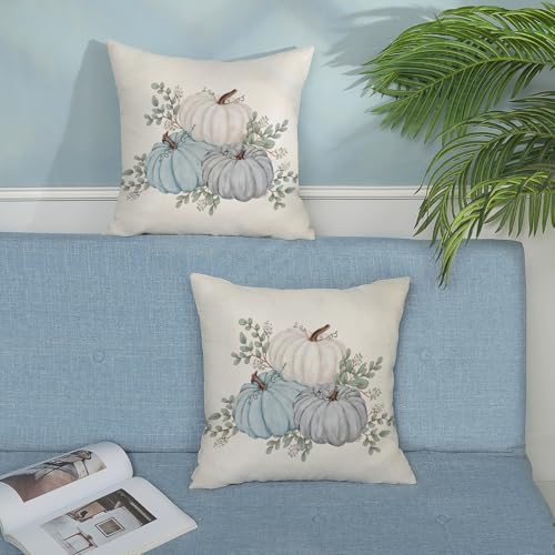 Fall Pillow Covers 18x18 Set of 2 Watercolor Blue White Pumpkin Pillow Cases Autumn Harvest Outdoor Fall Decoration Throw Pillows Linen Thanksgiving Cushion Case for Couch Sofa Home Decor - Image 4