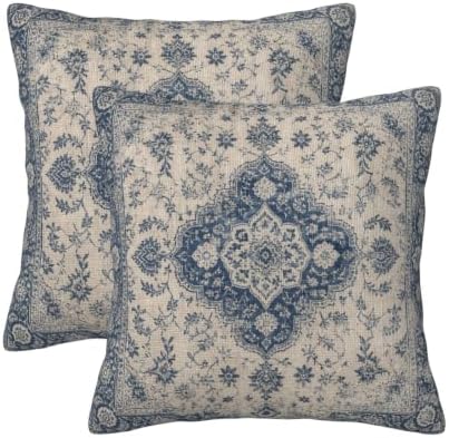 Blue Boho Throw Pillow Covers 16x16 Set of 2, Ethnic Design Carpet Pattern by KiuLoam
