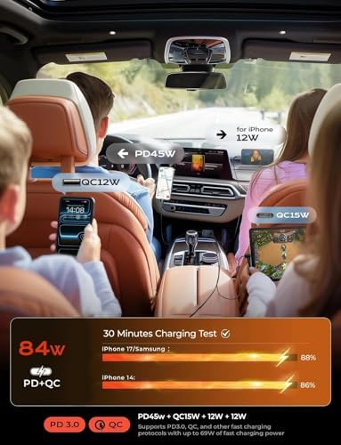 LISEN Retractable Car Charger USB C [Upgraded Dual Type C] 75W Fast 4 in 1 Car Charger for iPhone 17, Gifts for Him Her Men Women, Carbon Black
