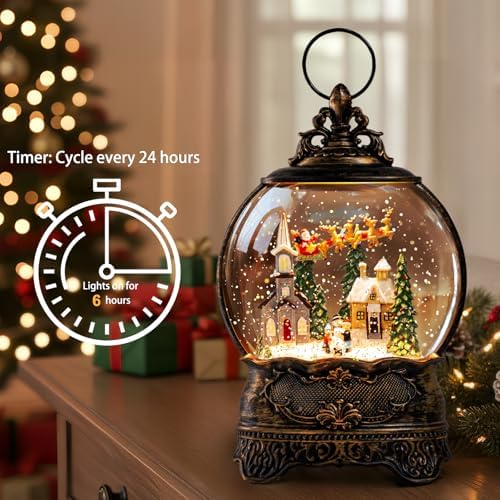 Christmas Snow Globes Lantern Snow Globe with Music Water Lantern Santa Flying Scene Elk Lighted Swirling Water Glitters Snowglobe Christmas Decoration - Image 2