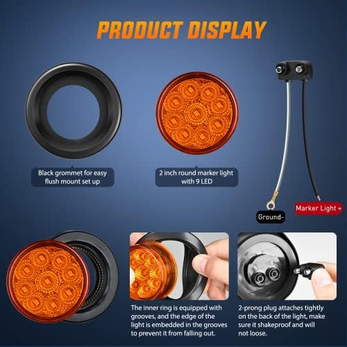 Nilight 2" Round Marker Light 2PCS Amber 9LED Clearance Lights Flush Mount
