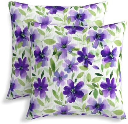 KiuLoam Spring Floral Pillow Covers 16x16 Inch Set of 2, Green Purple Watercolor Flower Decorative Throw Pillows, Farmhouse Outdoor Square Cushion Cases for Sofa Couch Bed Home Decor by KiuLoam