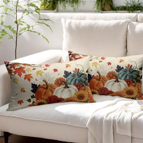 Fall Pumpkin Pillow Covers 12x20 Inch Set of 2, Autumn Blue Orange Throw Pillow Covers Harvest Thanksgiving Lumbar Pillowcase, Maple Leaf Decorative Seasonal Cushion Case Couch for Outdoor Home Decor - Image 3