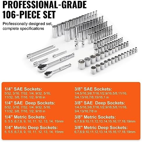 VEVOR Socket Set, 1/4" and 3/8" Drive Socket and Ratchet Set, 6-Point Socket Opening, 106 Pcs Tool Set SAE and Metric, Deep and Standard Sockets, 5/32-1 in, 5-19 mm, with Accessories, Storage Case - Image 3