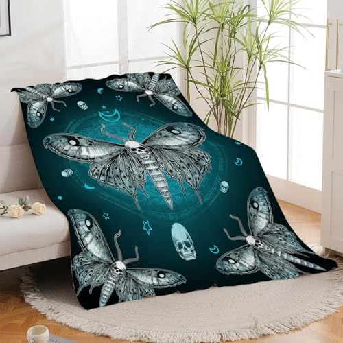 Moth Blanket Gothic Moth Throw Blankets Witchy Skull Print Cozy Fleece Flannel Stuff Plush Lightweight Dark Bedding Lover Gifts for Men Women Adults for Couch Sofa Bed Decor 60"X80" - Image 4