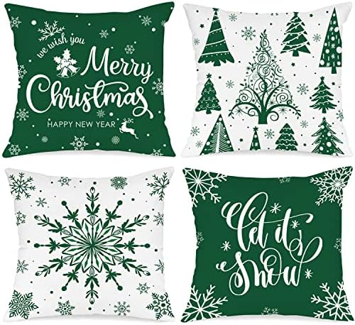 Lanpn Christmas Throw Pillow Covers 18x18 Set of 4, Merry Christmas Winter Xmas Snowflake Decorative Holiday Cushion Pillow Cases 18 x 18 for Outdoor Indoor Farmhouse Home Room Couch Decor (Green) by Lanpn